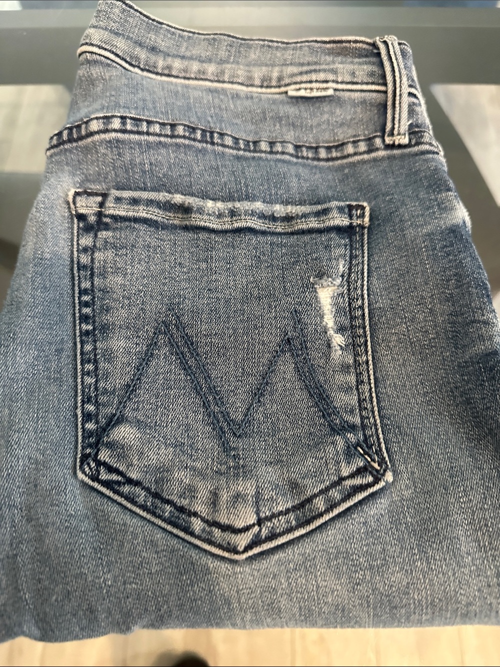 MOTHER Light Blue Straight Leg Jeans with Back Pocket Stitch